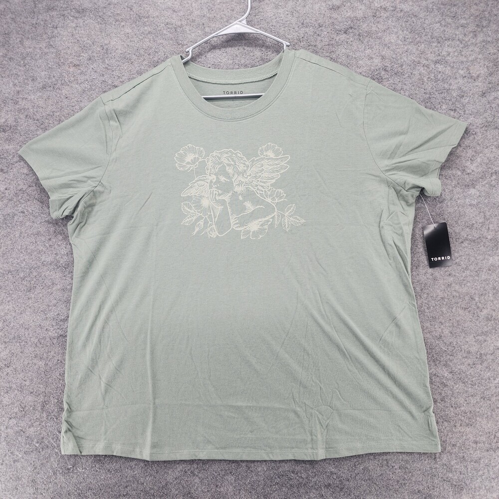 Torrid Shirt Womens 0 US Large Short Sleeve Green Floral Cherub Relaxed